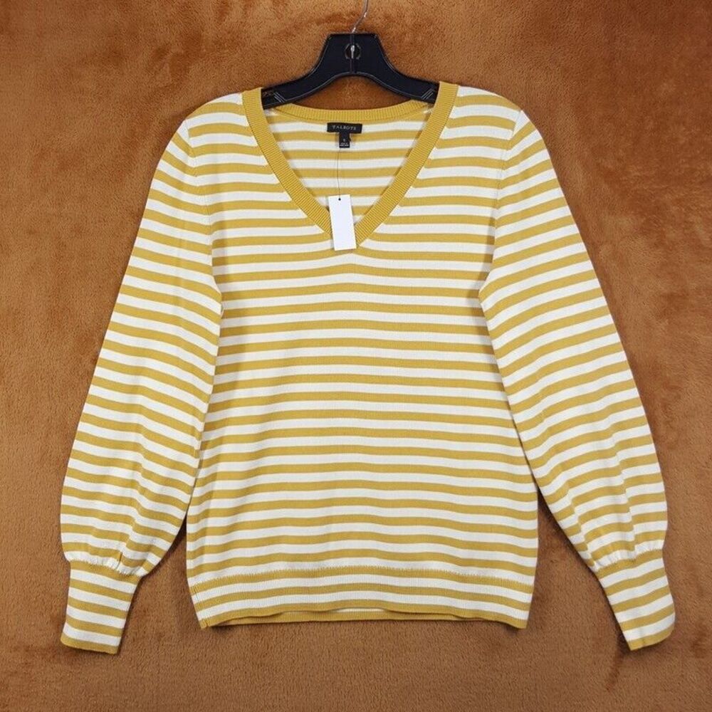 TALBOTS Sweater Womens Small Yellow Stripe Balloon Sleeve VNeck 100% Cotton